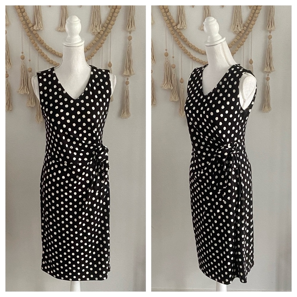 Talbots polka dot sleeveless midi dress black & white patterned v neck medium